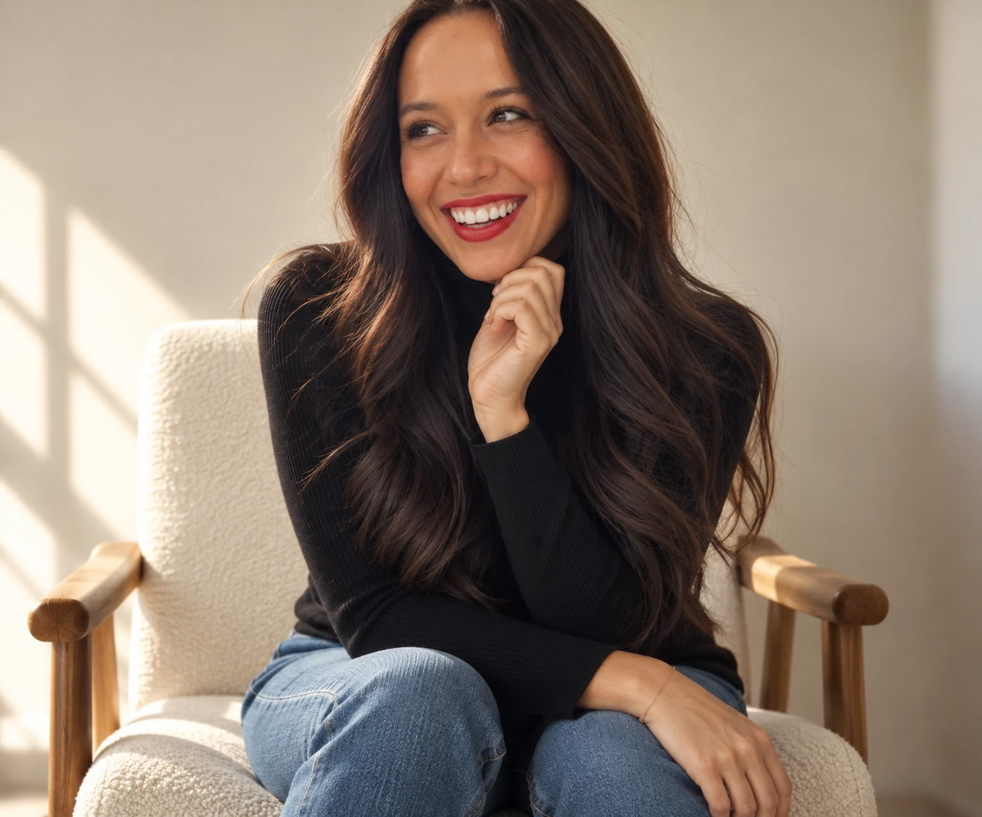 Genta Vazquez smiling in a sunlit armchair