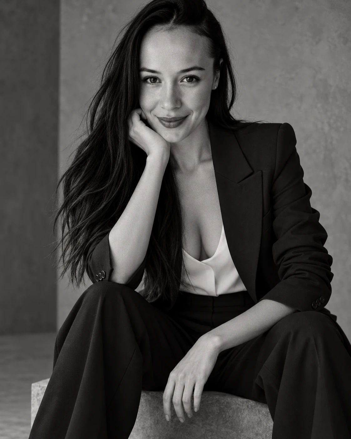 Black-and-white portrait of Genta seated in a tailored black suit