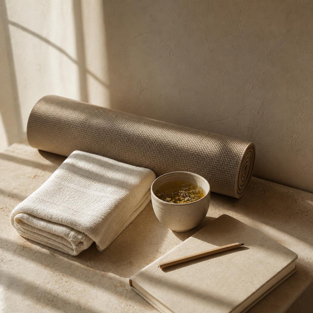 A yoga mat, folded towel, herbal tea, and linen journal in warm sunlight.